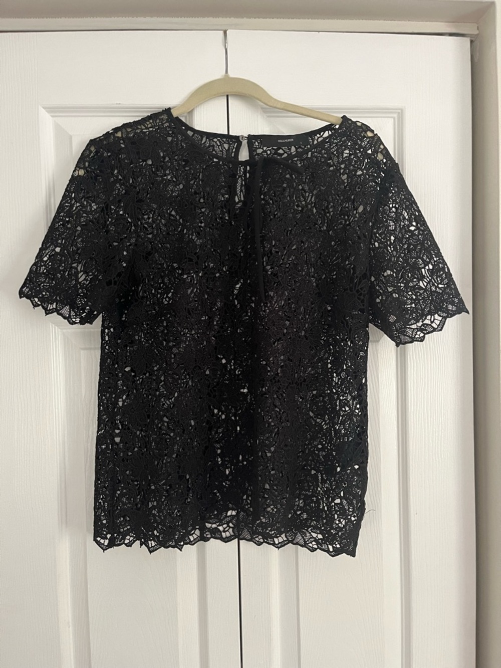 Black Lace Short Sleeve Blouse with Keyhole Back